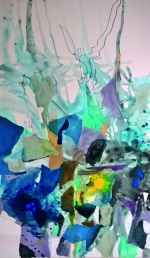 Gudula Fisauli: Sicilia III, 2015, Papierschnitt-Collage, Acryl, Edding auf Leinwand, 200 x 133 cm Gudula Fisauli: Sicilia III, 2015, Papierschnitt-Collage, Acryl, Edding auf Leinwand, 200 x 133 cm